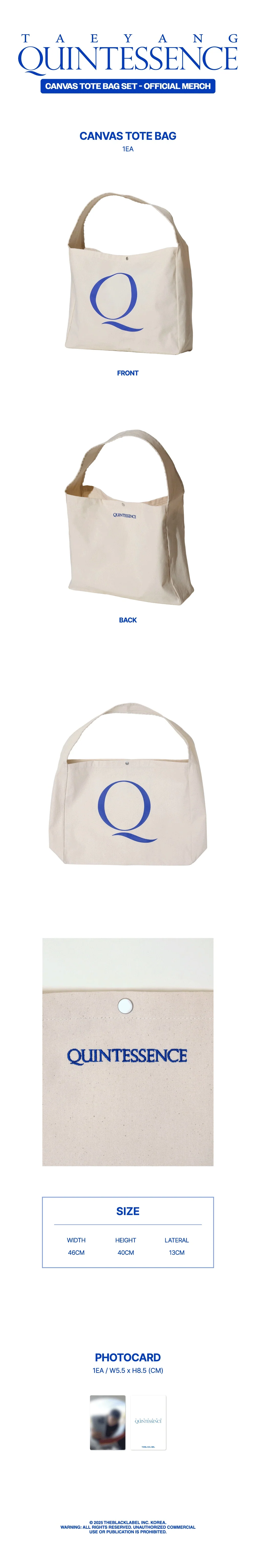 (PRE-ORDER) TAEYANG - [QUINTESSENCE] 4th Album OFFICIAL MD CANVAS TOTE BAG SET - Image 2